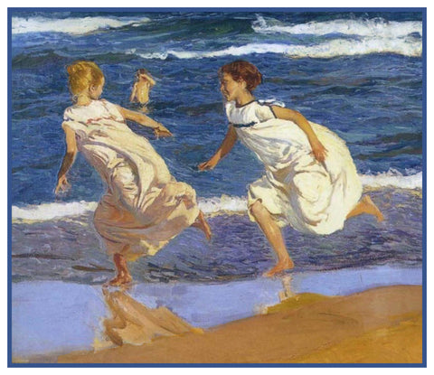 Girls Playing On The Beach by Joaquin Sorolla y Bastida Counted Cross Stitch Pattern