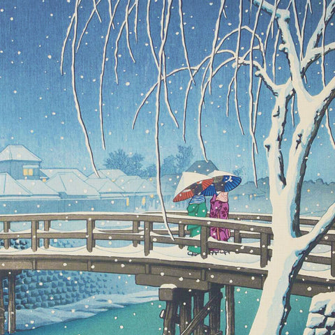Bridge Edo River Scene in Snow Detail by Japanese artist Kawase Hasui Counted Cross Stitch Pattern
