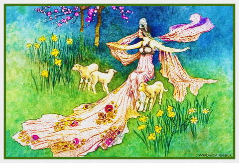 Fairy Coquette and Lambs by Warwick Goble Counted Cross Stitch Chart Pattern