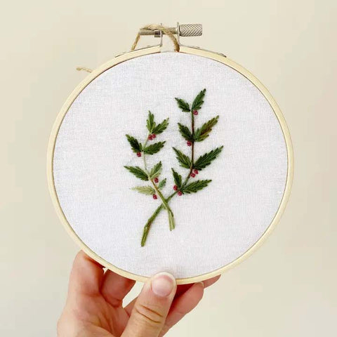 Embroidered Botanical with Red Berries Hand Stitched Finished Piece-5 inch Hoop- By Islay's Terrace