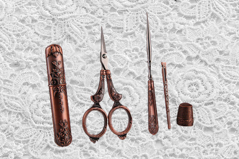 Retro Vintage Copper Embroidery Scissor Set in Tin