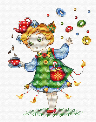 Little Girl Celebrating Tea Counted Cross Stitch Kit from M.P. Studia