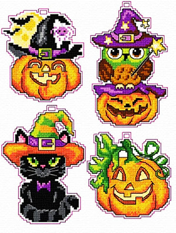 4- Halloween Pumpkins Ornaments on Plastic Canvas Counted Cross Stitch Kit from Crafting Spark