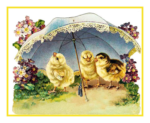 Vintage Easter Baby Chicks Flowers Umbrella Counted Cross Stitch Pattern