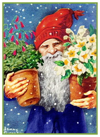 Tomte Elf Flowers Presents  by Jenny Nystrom Counted Cross Stitch Pattern DIGITAL DOWNLOAD
