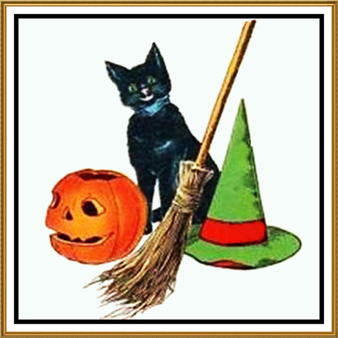 Black Cat Hat Broom and Pumpkin Halloween Counted Cross Stitch Pattern