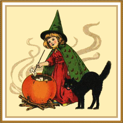 Girl Cauldron and Black Cat Halloween Counted Cross Stitch Pattern