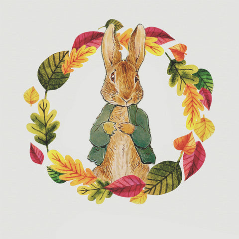 Peter Rabbit Fall Leaf Wreath inspired by Beatrix Potter Counted Cross Stitch Pattern