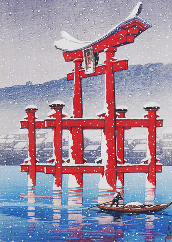 Boat in Snow Miyajima by Japanese artist Kawase Hasui Counted Cross Stitch Pattern