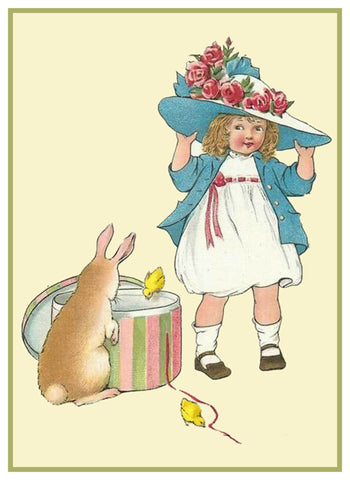 Vintage Easter Young Girl with New Easter Bonnet Bunny Counted Cross Stitch Pattern