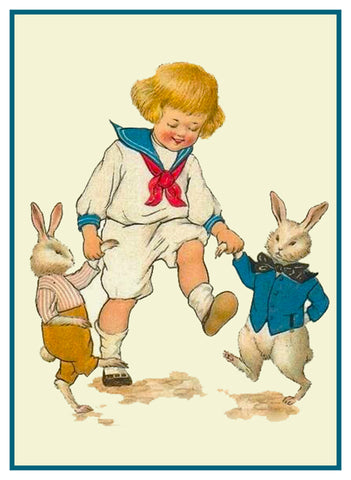 Vintage Easter Young Boy Dancing with Bunnies Counted Cross Stitch Pattern