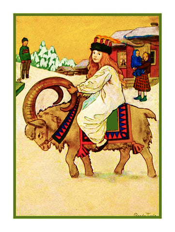 Young Girl Riding a Ram Santa Lucia Festival by Gerda Tiren Holiday Christmas Counted Cross Stitch Pattern