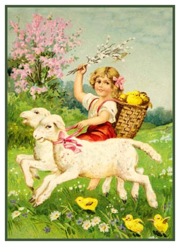 Vintage Easter Young Girl Riding Lambs with  Baby Chicks Counted Cross Stitch Pattern