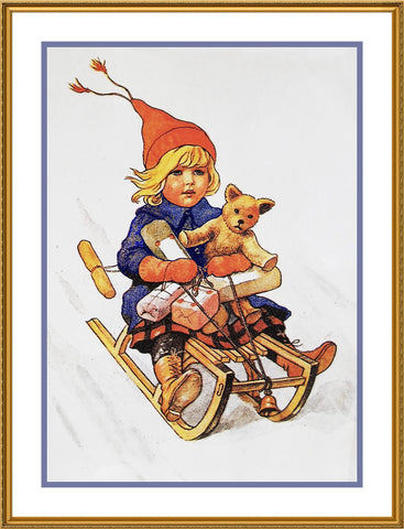 Girl Sledding with a Teddy Bear Jenny Nystrom  Holiday Christmas Counted Cross Stitch Pattern
