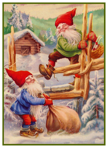 2 Elves Climb Fence Delivering Presents Jenny Nystrom Holiday Christmas Counted Cross Stitch Pattern