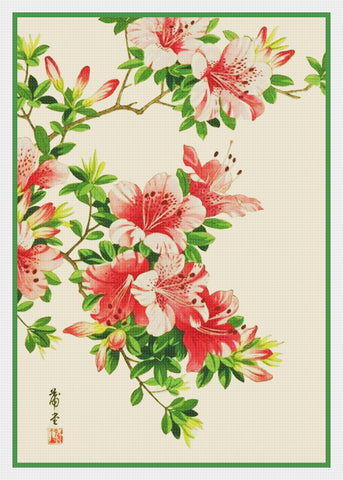Tanigami Konan Asian Pink Azalea Flowers Counted Cross Stitch Pattern DIGITAL DOWNLOAD
