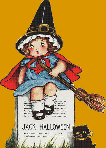 Halloween Vintage Girl Witch on Gravestone Counted Cross Stitch Pattern