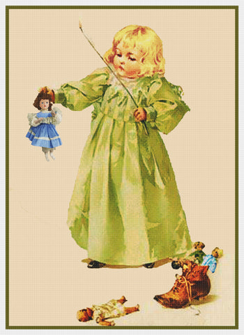 Young Girl Playing with Dolls by Maud Humphrey Bogart Counted Cross Stitch Pattern