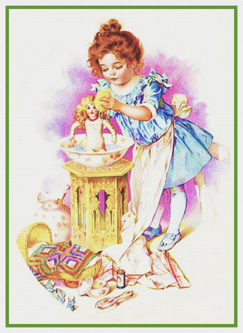 Young Girl Washing Her Dolls by Maud Humphrey Bogart Counted Cross Stitch Pattern