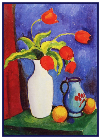 Still Life Vase of Red Tulips by Expressionist Artist August Macke Counted Cross Stitch Pattern