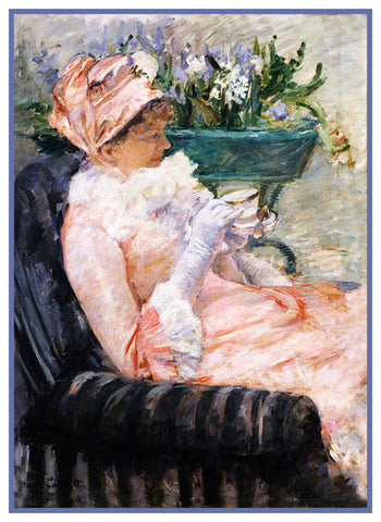 Enjoying a Cup of Tea by American Impressionist Artist Mary Cassatt Counted Cross Stitch Pattern
