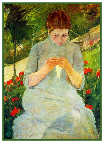 Woman Sewing in the Garden by American Impressionist Artist Mary Cassatt Counted Cross Stitch Pattern