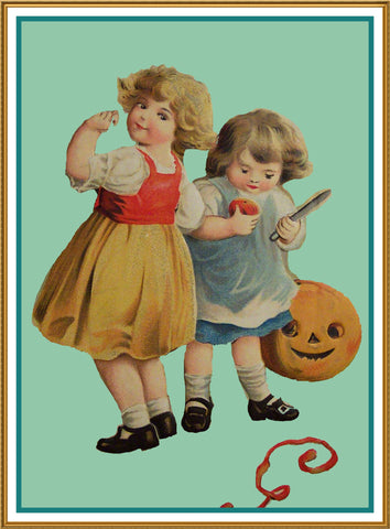 Halloween Boy and Girl Carve Pumpkin Counted Cross Stitch Pattern