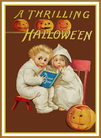 Halloween Children Scared by Ghost Stories Counted Cross Stitch Pattern