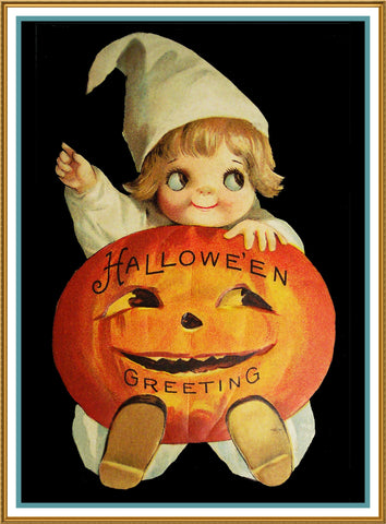 Halloween Greeting Baby with a Pumpkin Counted Cross Stitch Pattern