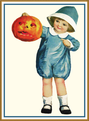 Halloween Boy in Blue Holding a Pumpkin Counted Cross Stitch Pattern