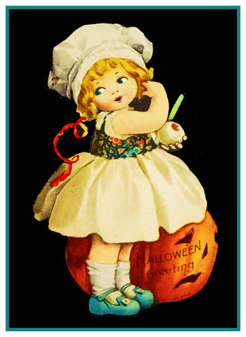 Halloween Little Girl Peeling an Apple Counted Cross Stitch Pattern