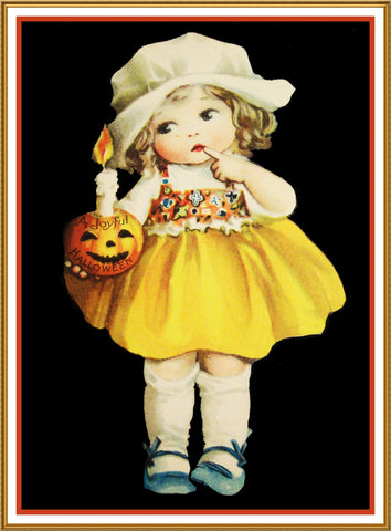 Halloween Little GirlPumpkin Candle Counted Cross Stitch Pattern