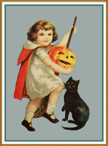 Halloween Girl Pumpkin and a Black Cat Counted Cross Stitch Pattern