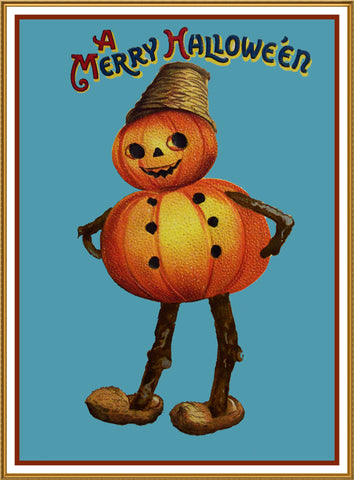 Halloween Pumpkin Man with Hat Counted Cross Stitch Pattern