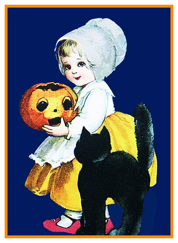 Halloween  Cute Little Girl with Carved Pumpkin Counted Cross Stitch Pattern