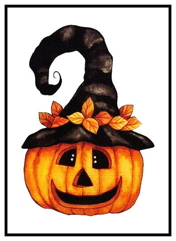 Folk Art Pumpkin in Witch Hat Halloween Counted Cross Stitch Pattern DIGITAL DOWNLOAD