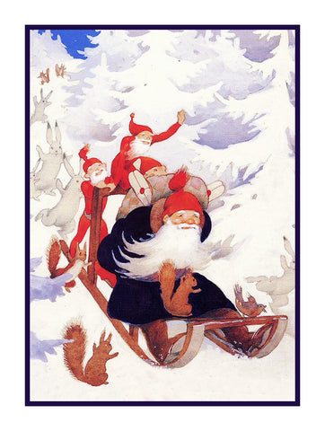 Father Christmas and Elves Sledding Holiday Christmas by Rudolf Koivu Counted Cross Stitch Pattern