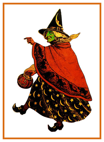 Folk Art Green Witch Halloween Counted Cross Stitch Pattern