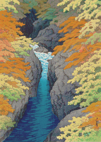 Autumn Azuma Gorge by Japanese artist Kawase Hasui Counted Cross Stitch Pattern