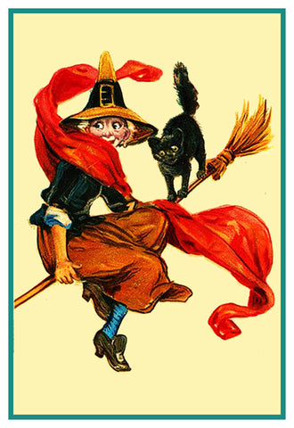 Witch Black Cat Broom Halloween Frances Brundage Counted Cross Stitch Pattern