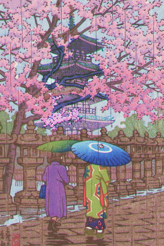 Spring Rain in Ueno Park by Japanese artist Kawase Hasui Counted Cross Stitch Pattern