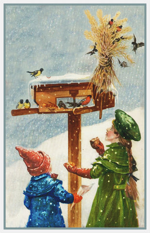Children Feeding Birds in Snow by Swedish Artist Jenny Nystrom Counted Cross Stitch Pattern