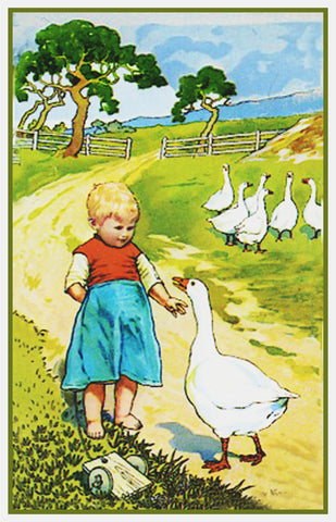 Young Girl Feeding A Duck by Swedish Artist Jenny Nystrom Counted Cross Stitch Pattern