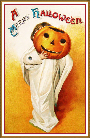 Halloween Ghost Child with Pumpkin Head Counted Cross Stitch Pattern