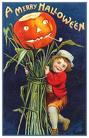 Halloween Boy and Corn Stalks Pumpkin Counted Cross Stitch Pattern
