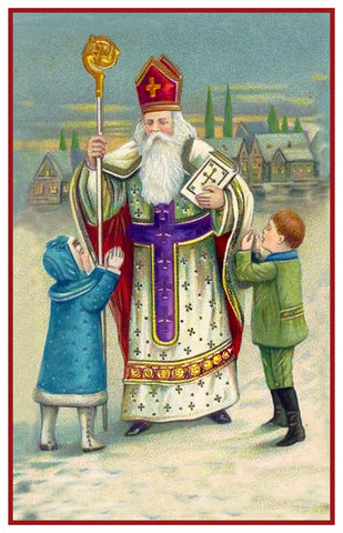 Victorian Religious Father Christmas Santa with Small Children Counted Cross Stitch Pattern