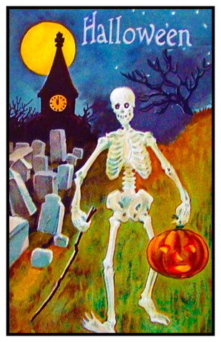 Victorian Halloween Skeleton Pumpkin and Moon Counted Cross Stitch Pattern