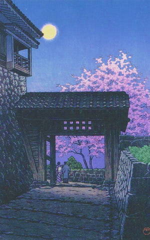 Cherry Blossoms and Moonlight by Japanese artist Kawase Hasui Counted Cross Stitch Pattern