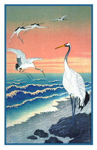Japanese Artist Ohara Shoson's  Cranes Seaside at Sunset Counted Cross Stitch Pattern