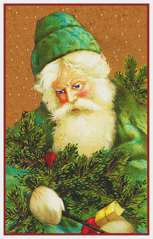 Father Christmas St. Nick Santa In Green Cap Counted Cross Stitch Pattern DIGITAL DOWNLOAD